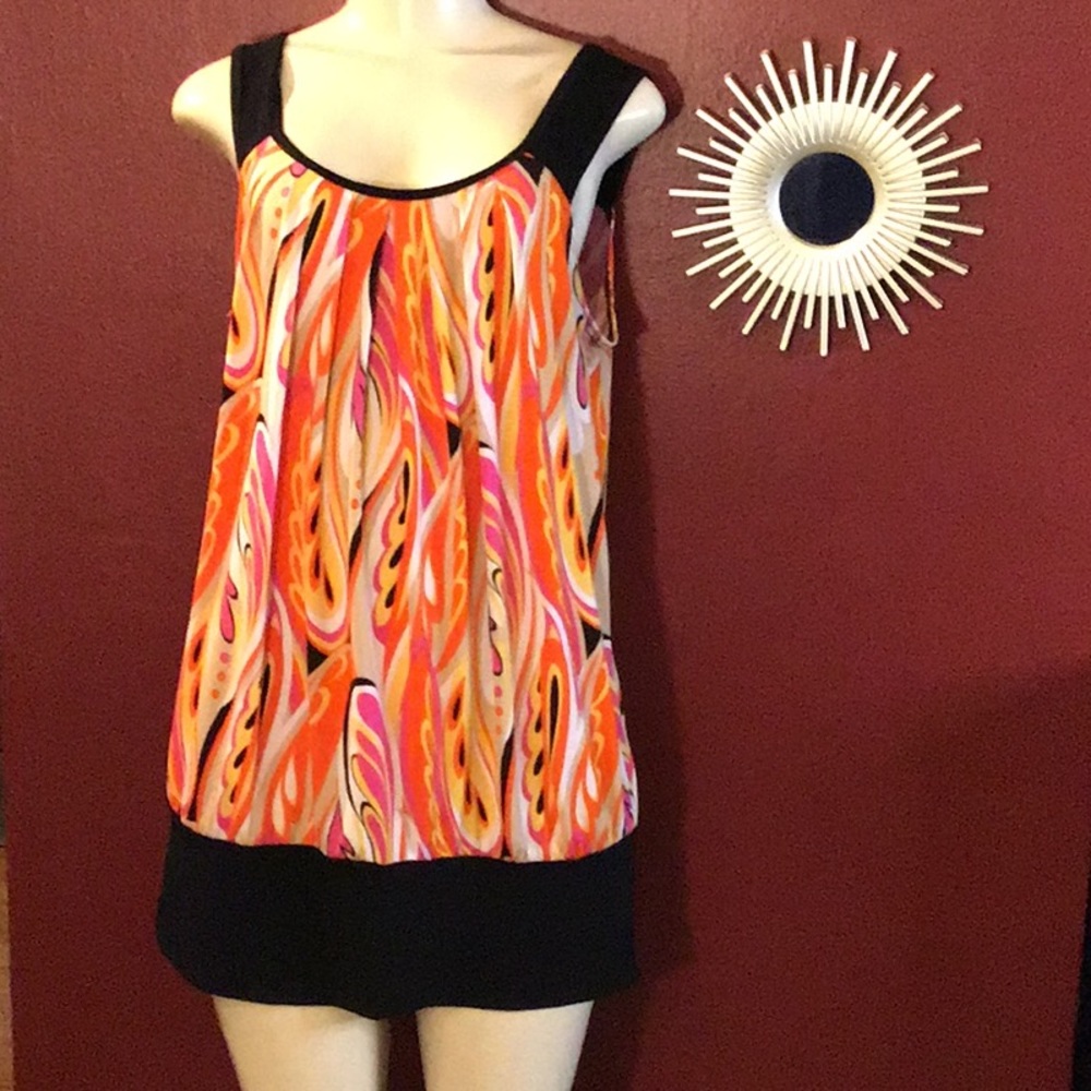 Abstract red, orange, pink, black long tank 14/16